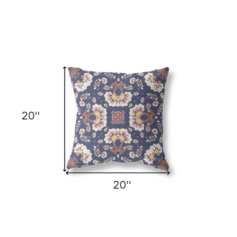 20" X 20" Blue And White Floral Blown Seam Suede Throw Pillow