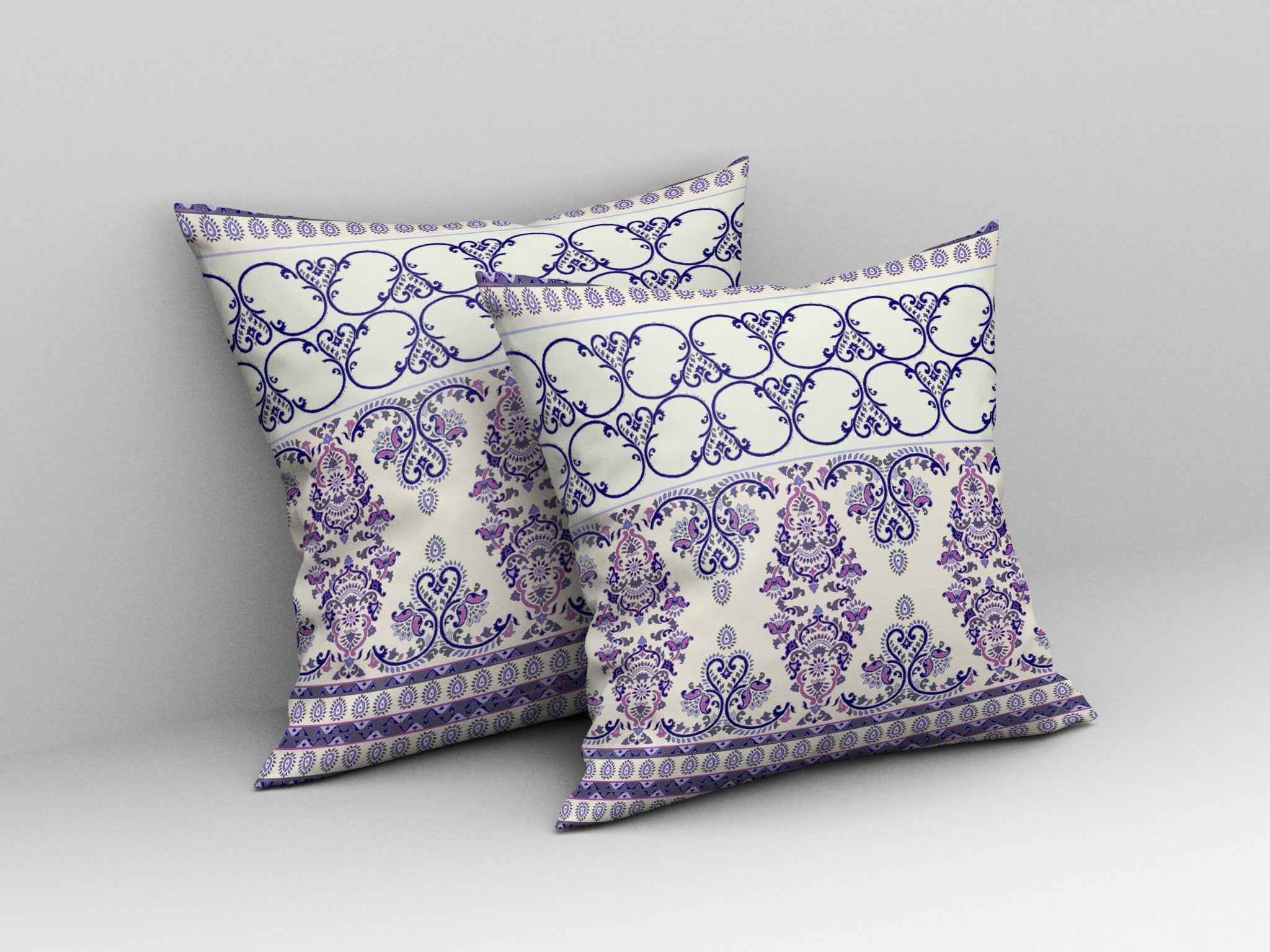 16" X 16" White And Purple Stencil Blown Seam Suede Throw Pillow