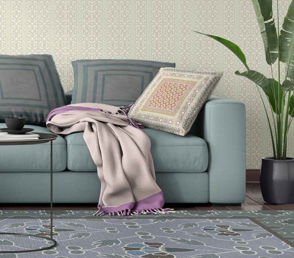 16" X 16" Off White And Orange Floral Blown Seam Suede Throw Pillow