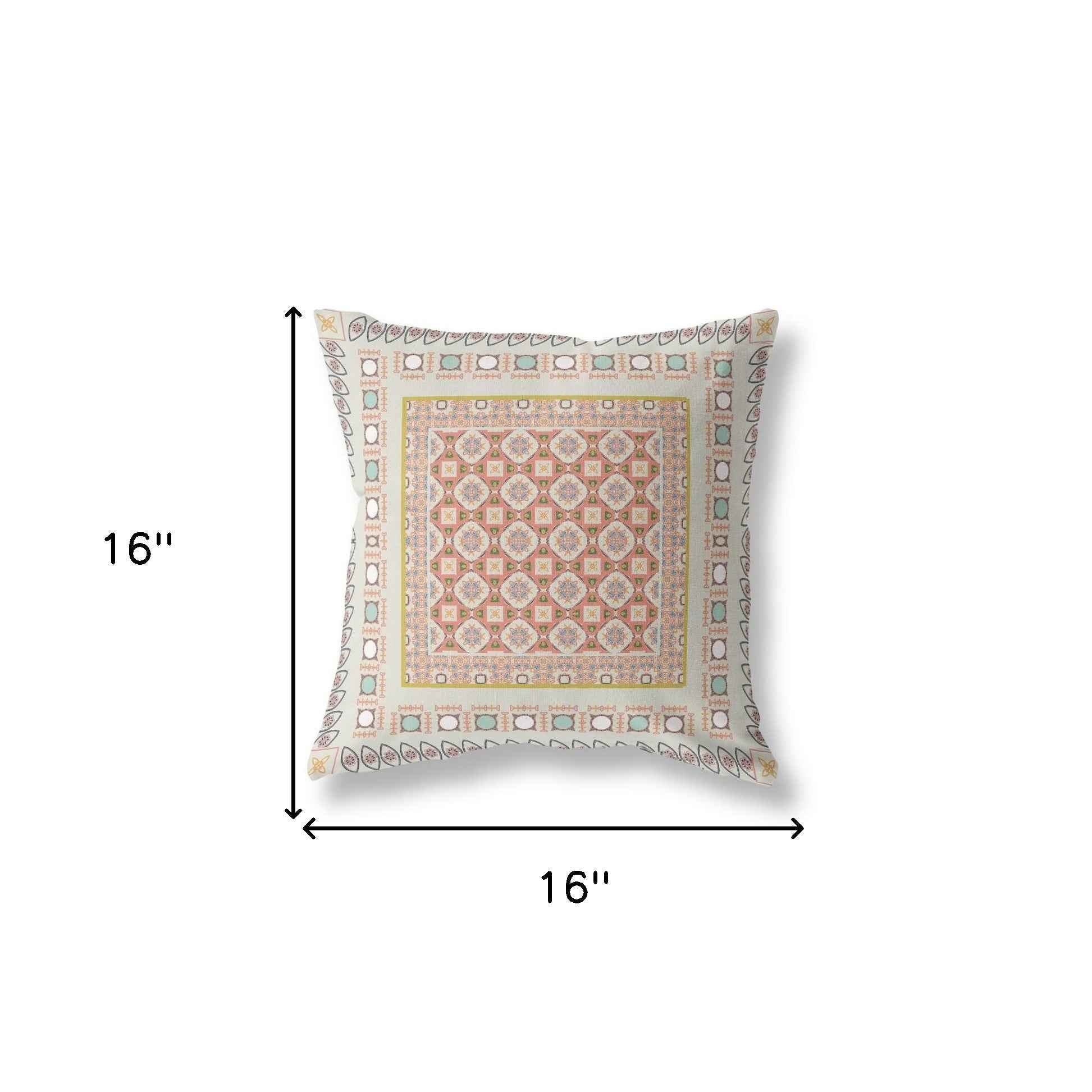 16" X 16" Off White And Orange Floral Blown Seam Suede Throw Pillow