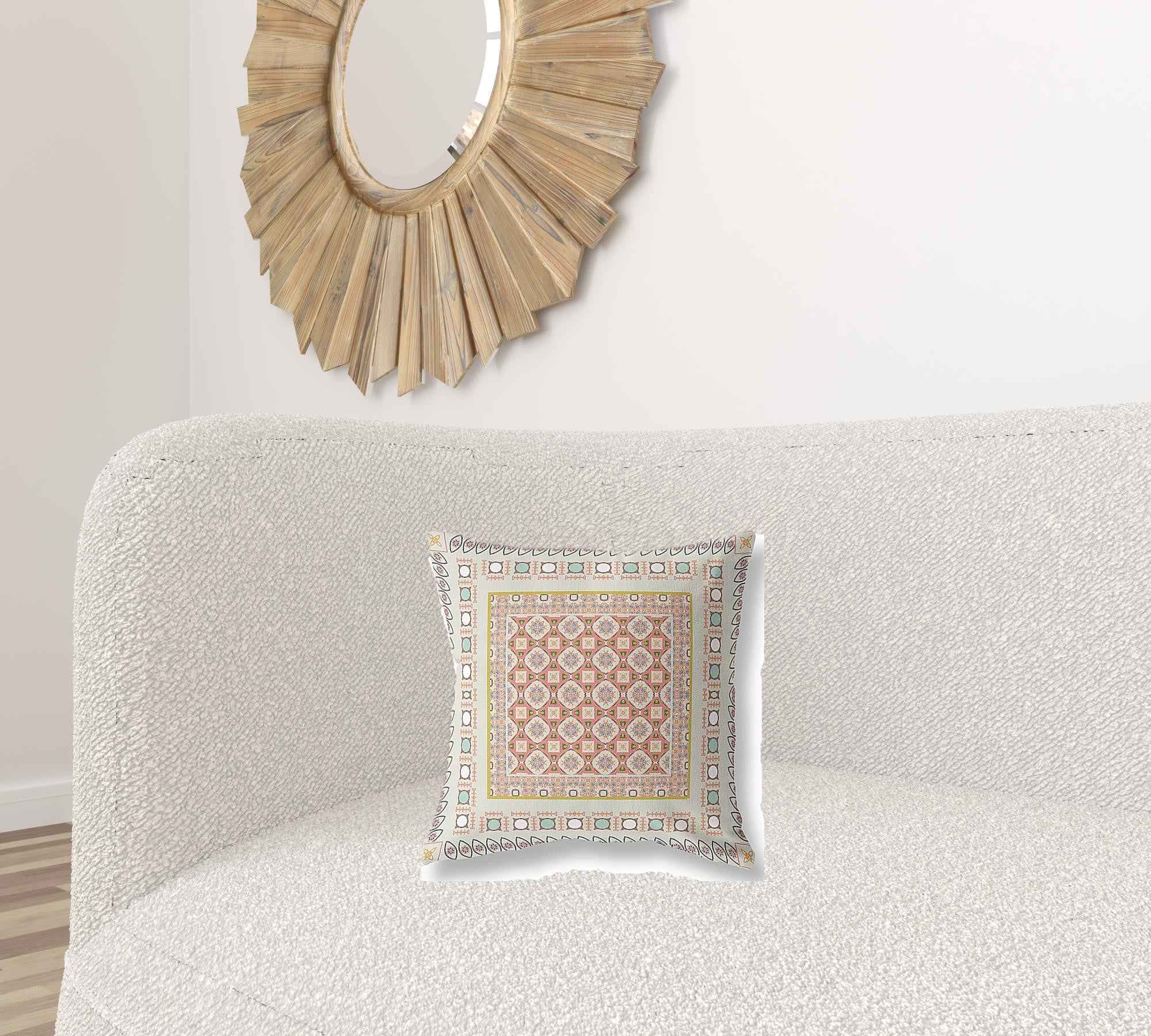 16" X 16" Off White And Orange Floral Blown Seam Suede Throw Pillow