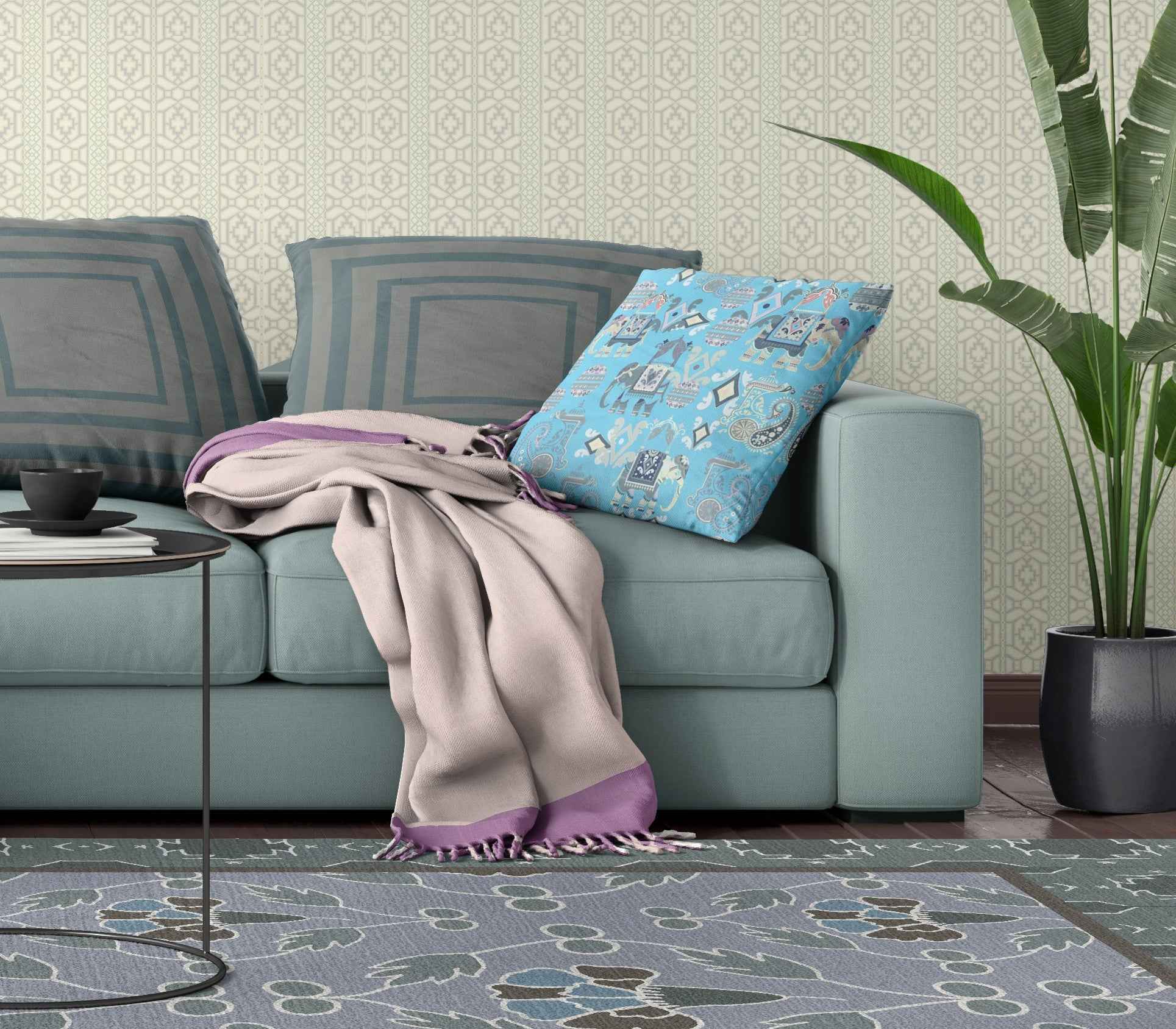 20" X 20" Bright Blue And Gray Paisley Blown Seam Suede Throw Pillow