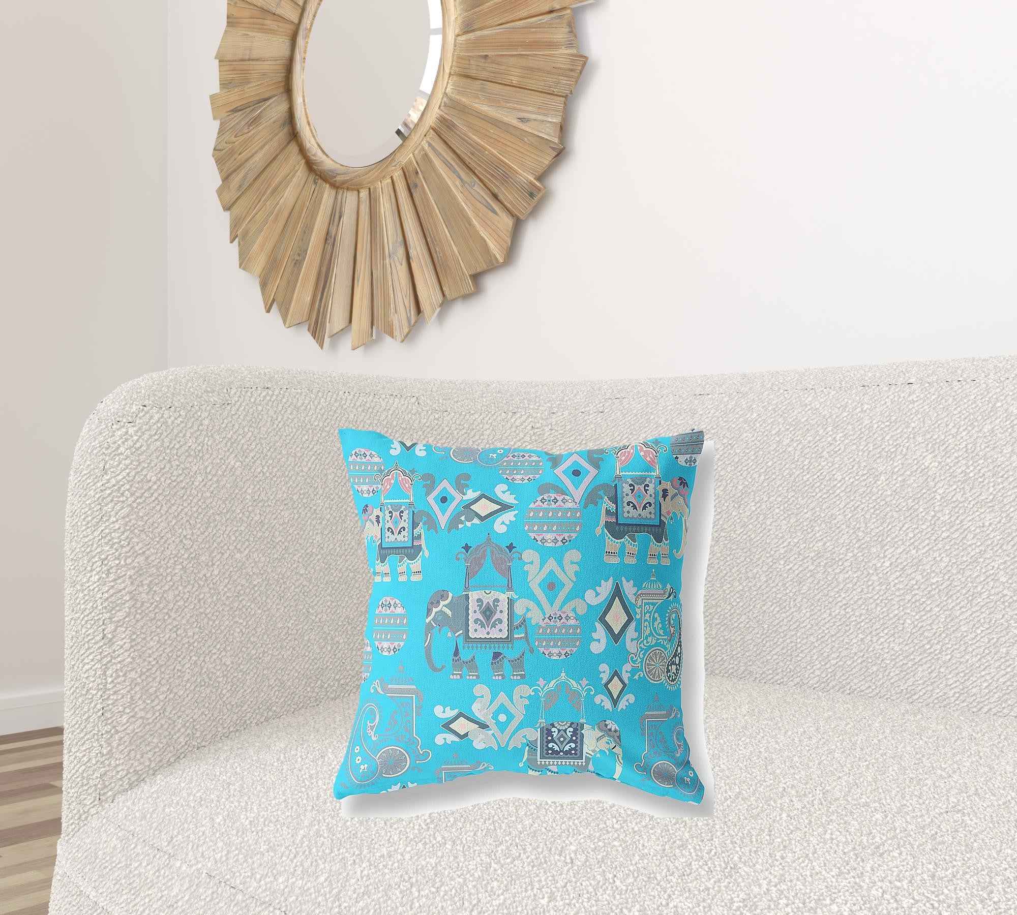 20" X 20" Bright Blue And Gray Paisley Blown Seam Suede Throw Pillow