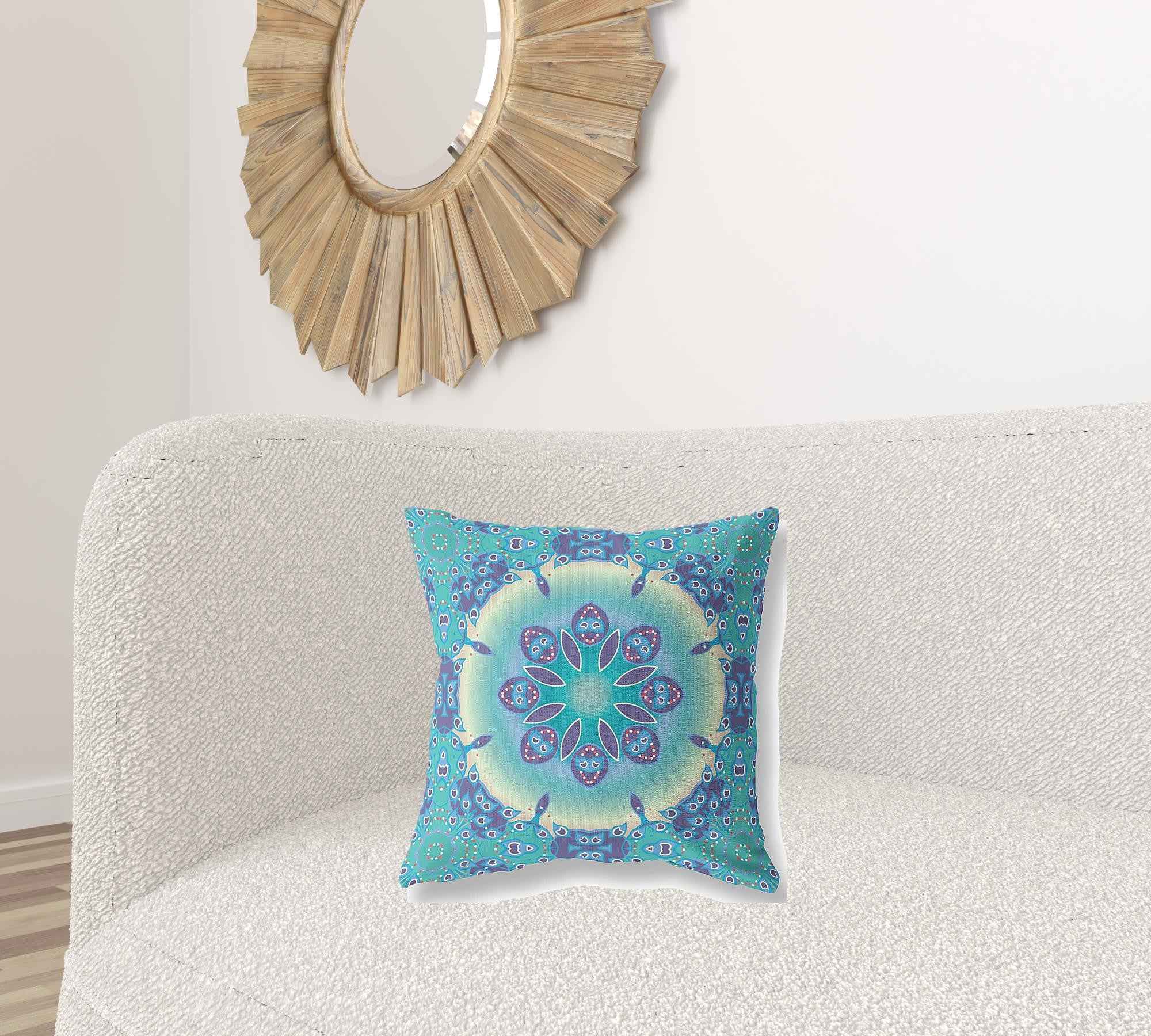 18" X 18" Blue And Purple Geometric Blown Seam Suede Throw Pillow