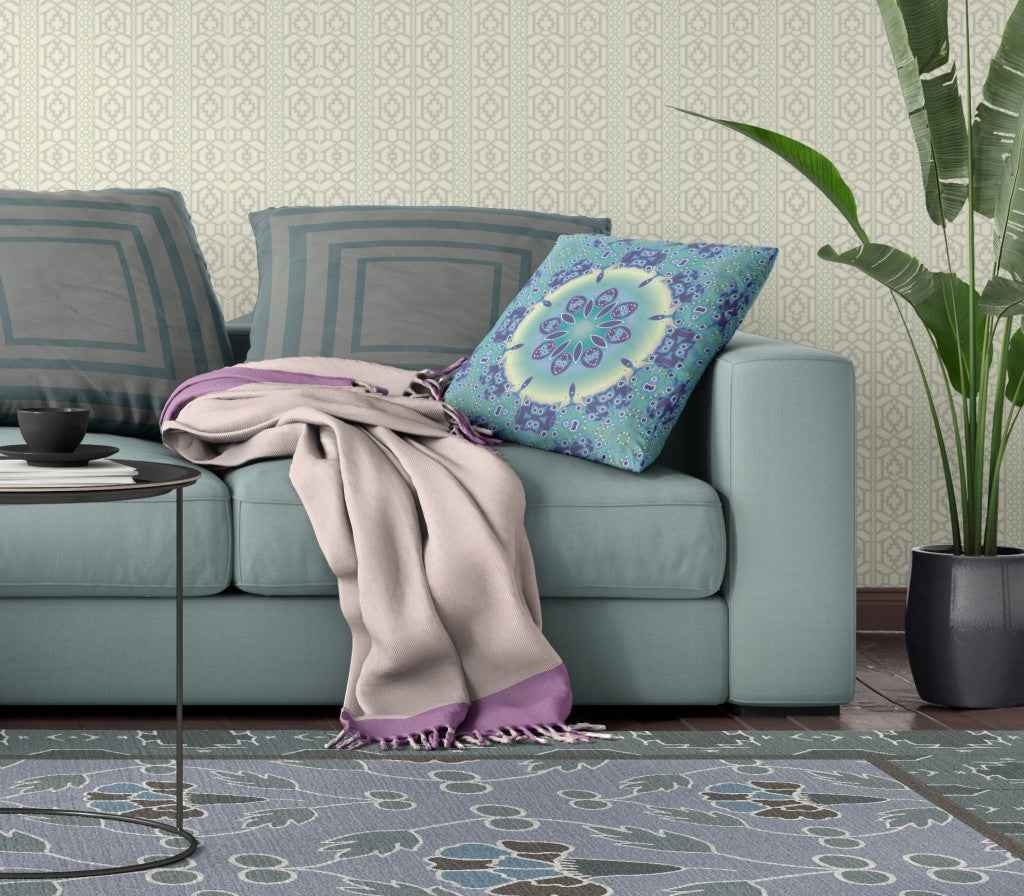 18" X 18" Blue And Purple Geometric Blown Seam Suede Throw Pillow