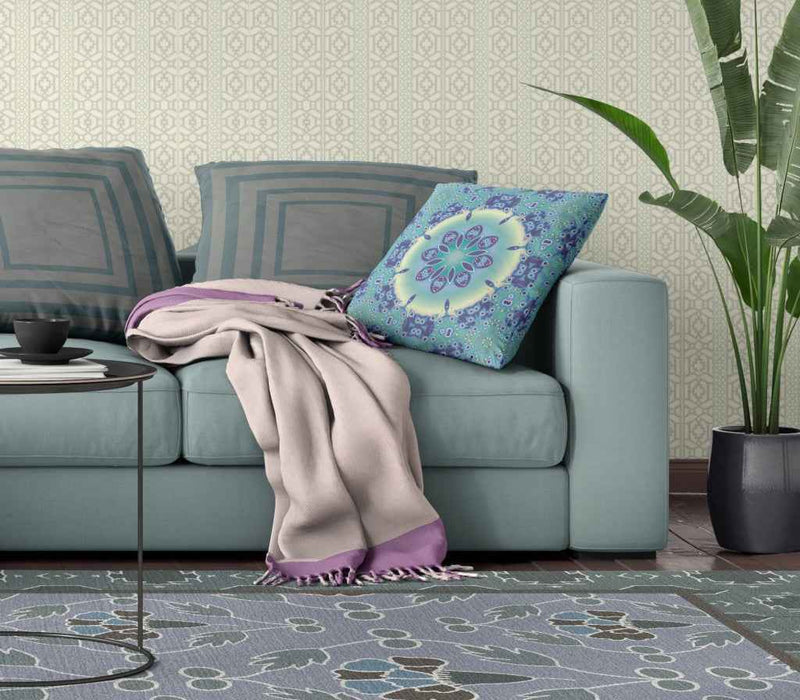 18" X 18" Blue And Purple Geometric Blown Seam Suede Throw Pillow