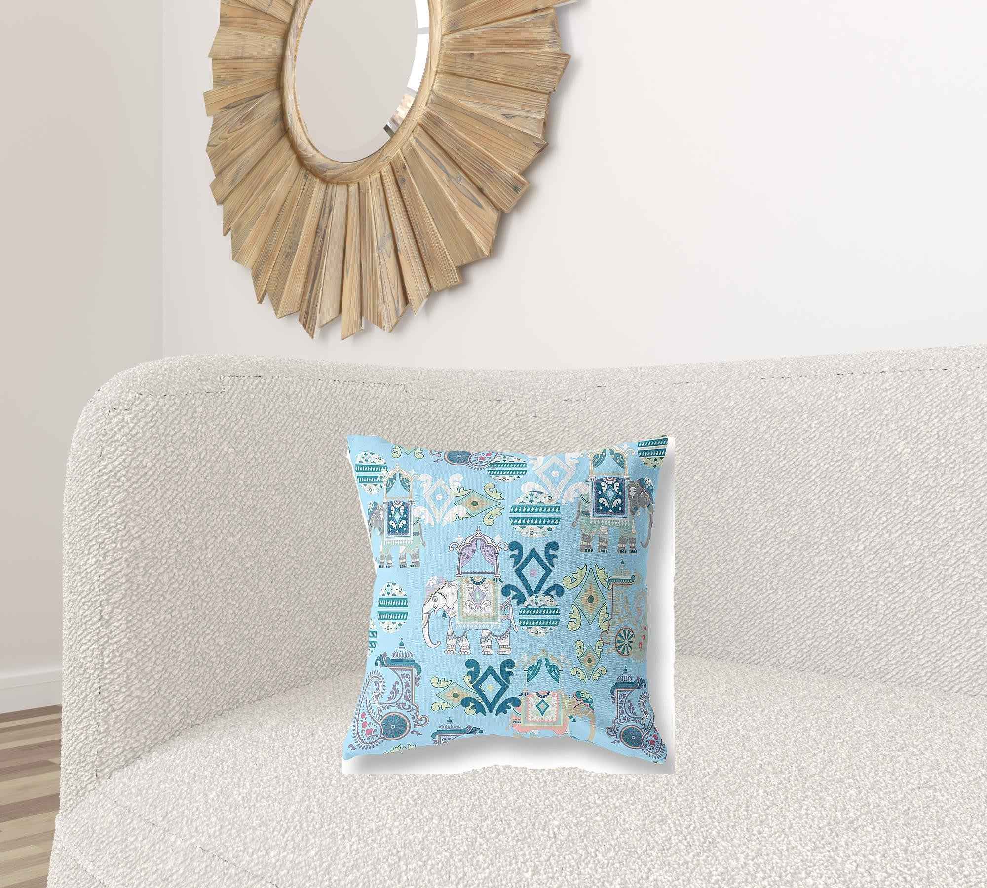 18" X 18" Sky Blue And White Paisley Blown Seam Suede Throw Pillow