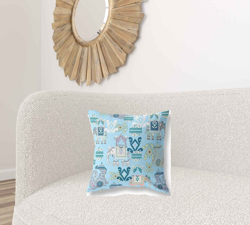 18" X 18" Sky Blue And White Paisley Blown Seam Suede Throw Pillow