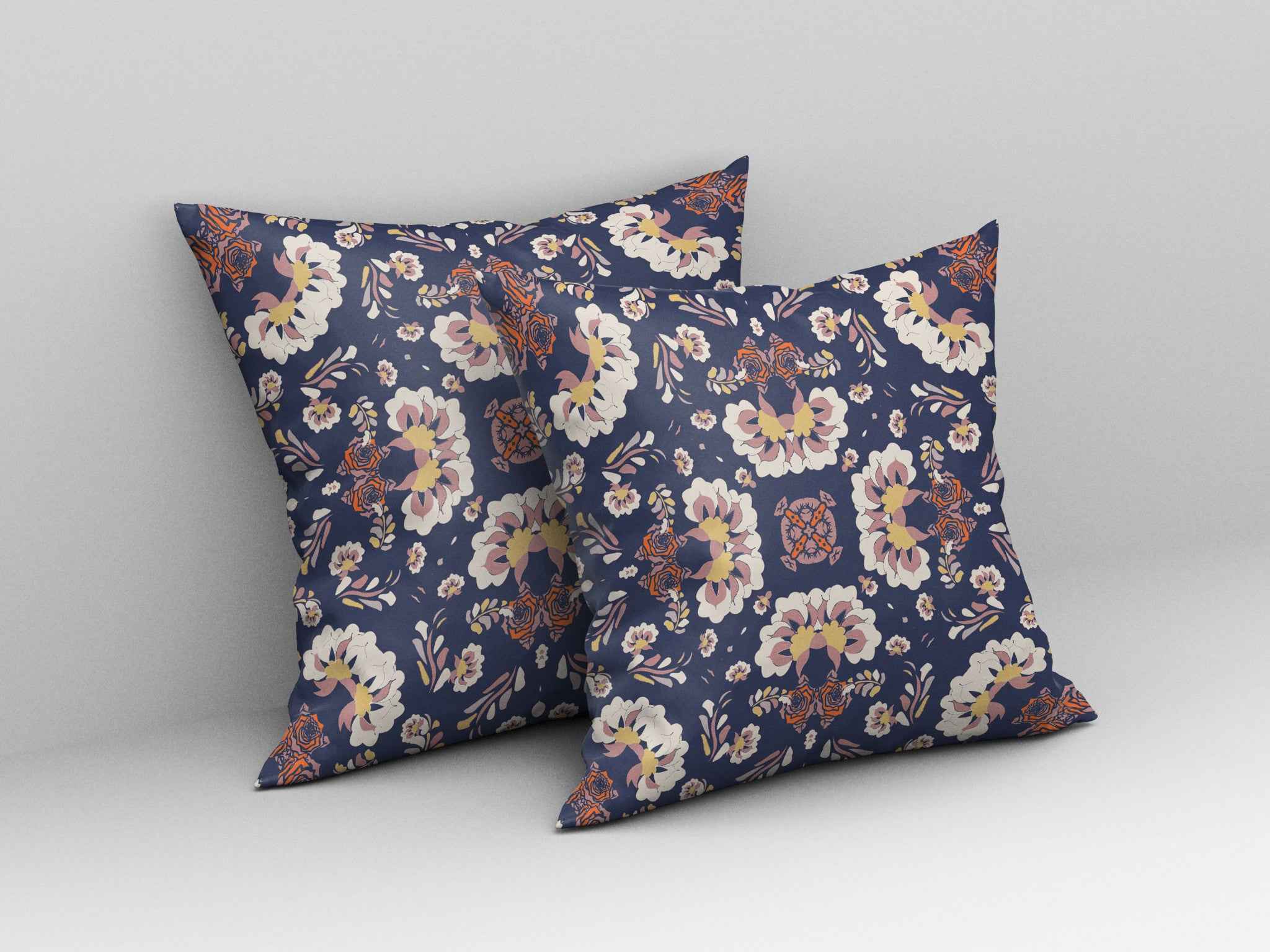 18" X 18" Blue And White Floral Blown Seam Suede Throw Pillow