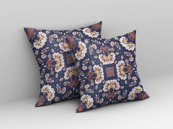 18" X 18" Blue And White Floral Blown Seam Suede Throw Pillow