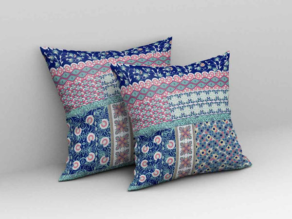16"X16" Blue And Pink Microsuede Patchwork Blown Seam Pillow