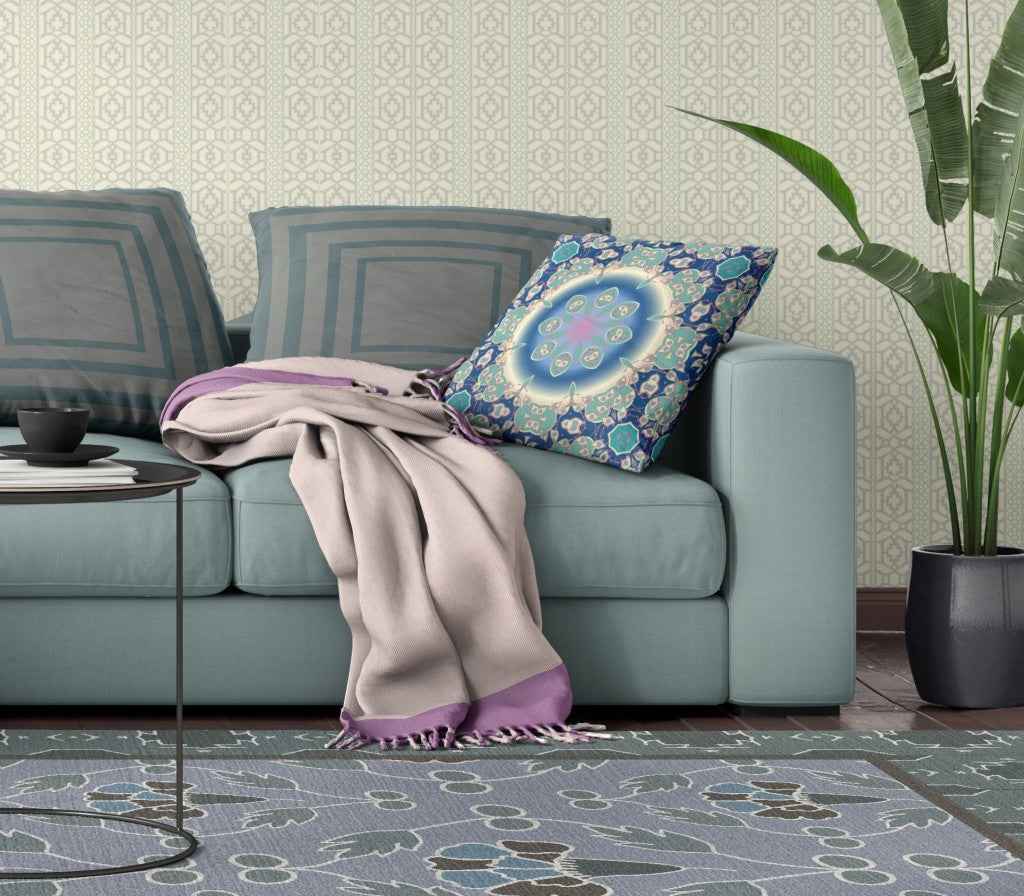 16" X 16" Blue And Turquoise Geometric Blown Seam Suede Throw Pillow