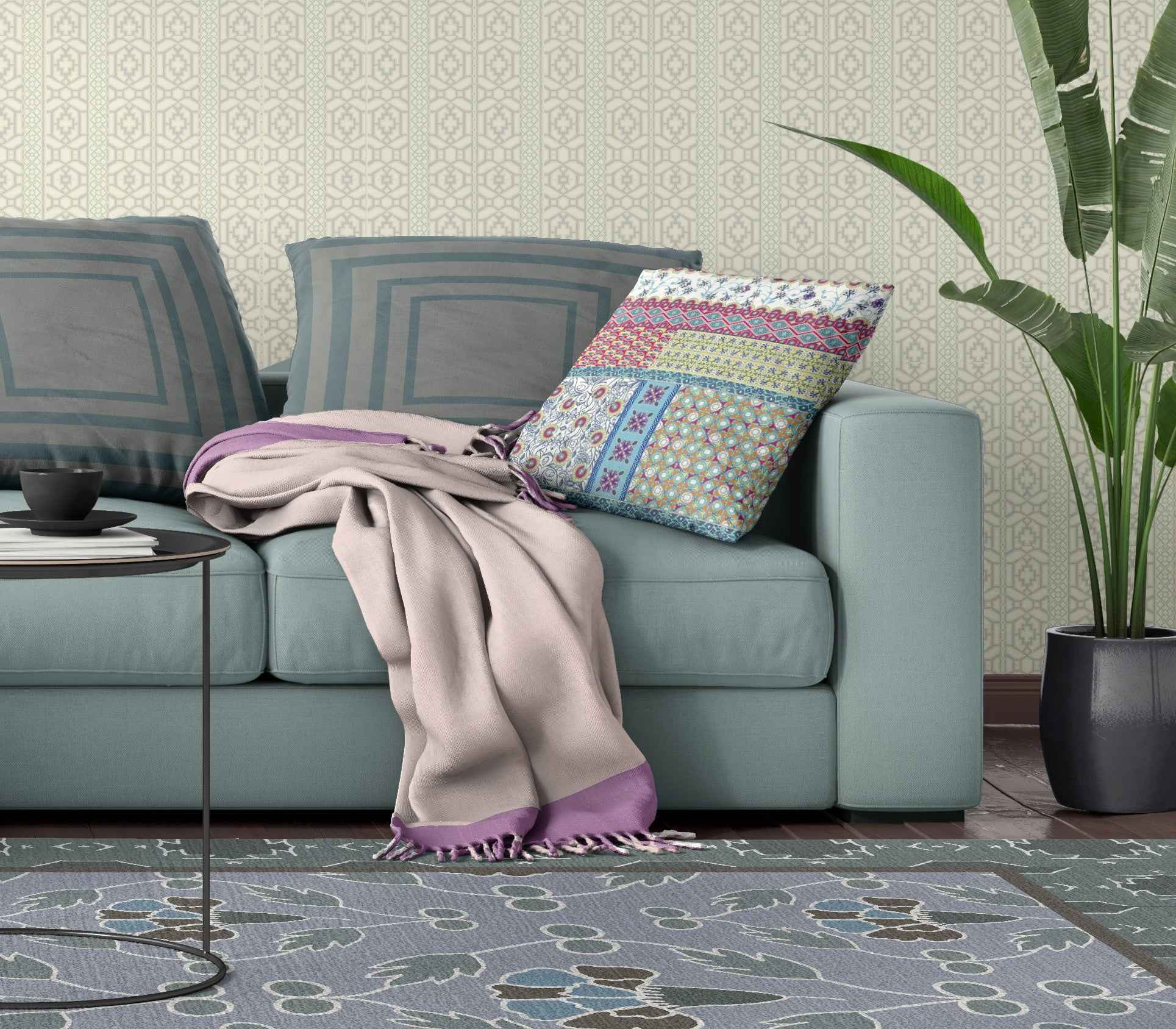 18"X18" Teal Blue Microsuede Patchwork Blown Seam Pillow