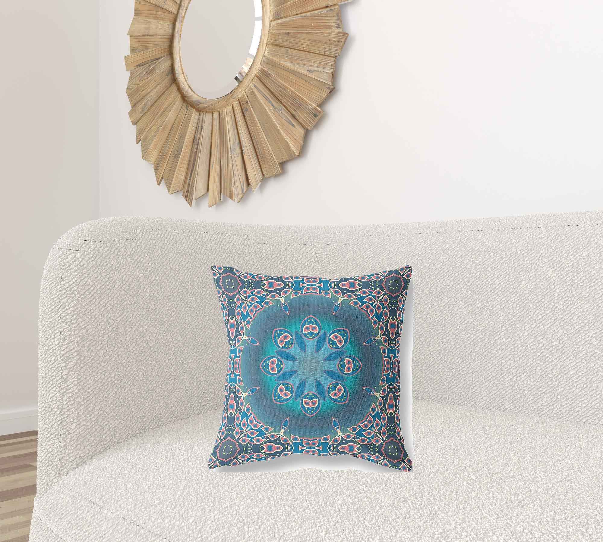 18" X 18" Blue And Pink Geometric Blown Seam Suede Throw Pillow
