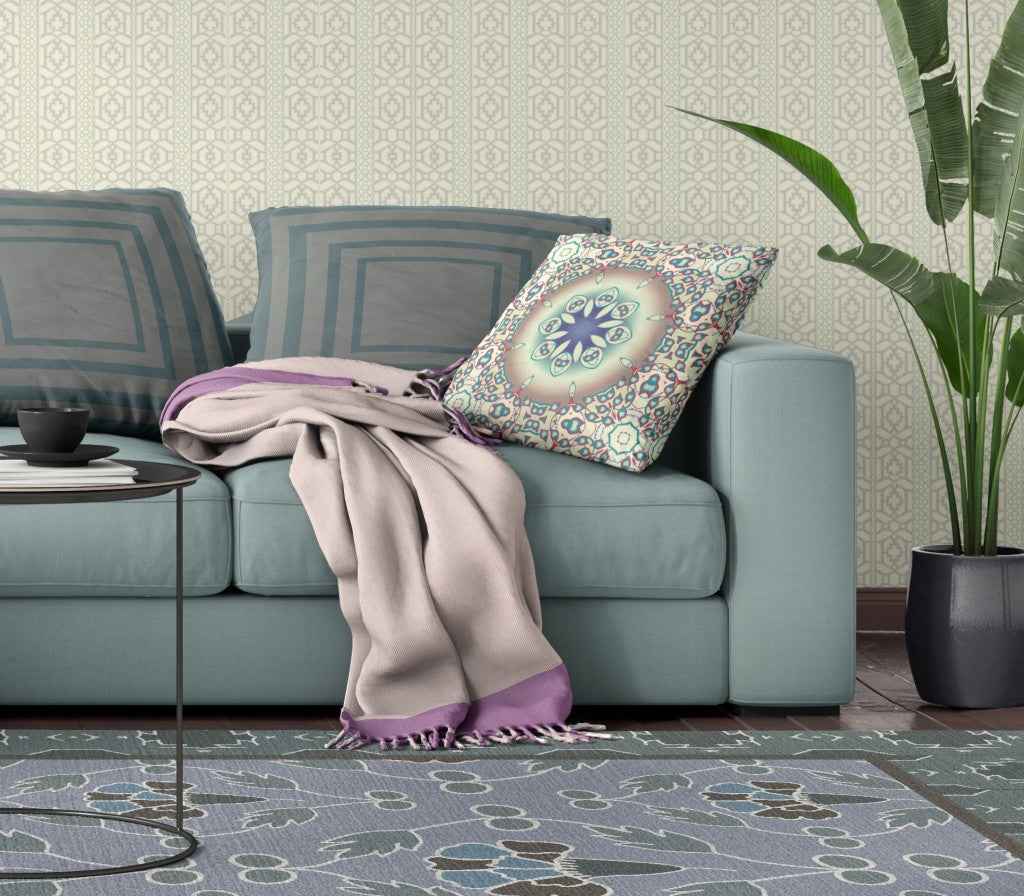 20" X 20" Beige And Blue Geometric Blown Seam Suede Throw Pillow