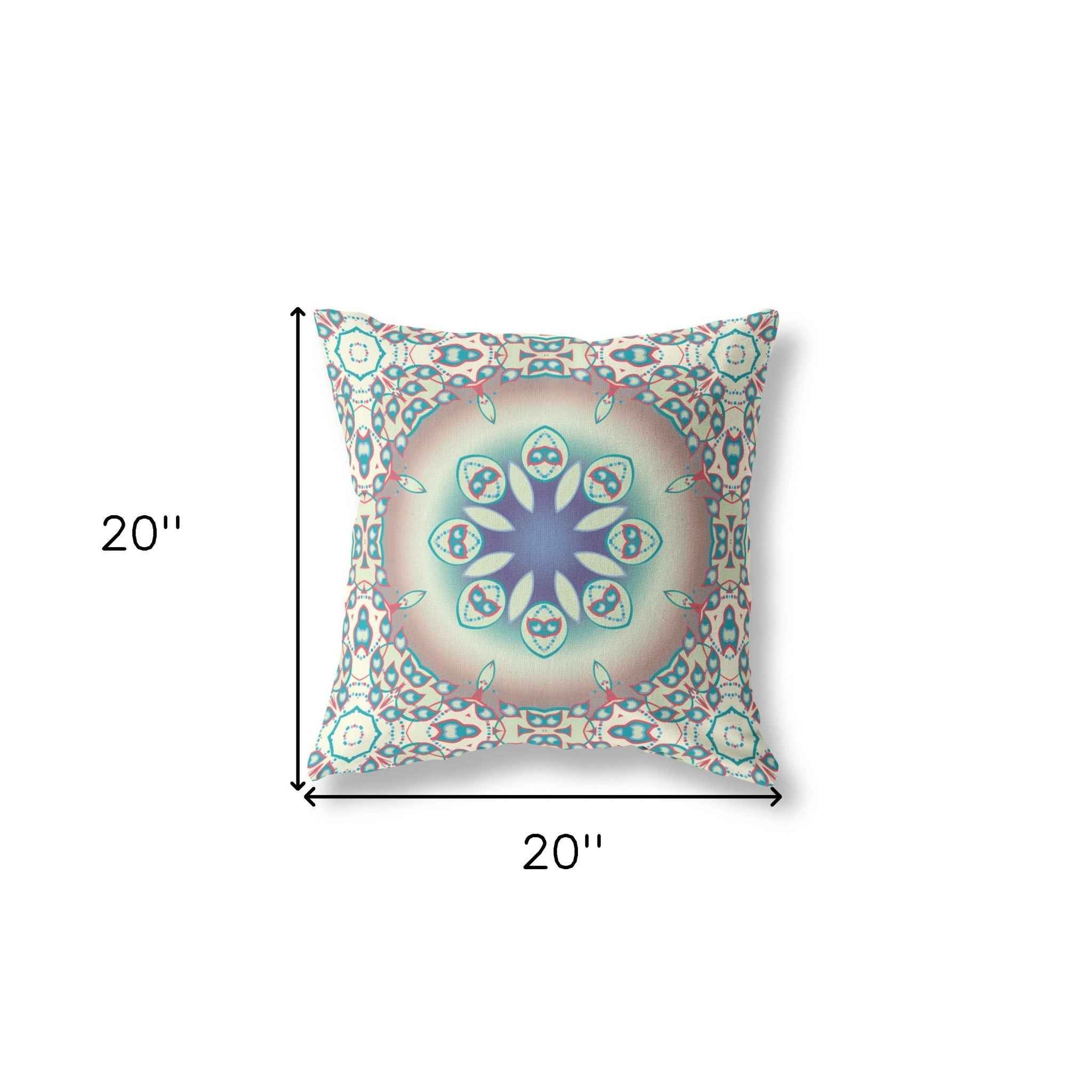 20" X 20" Beige And Blue Geometric Blown Seam Suede Throw Pillow
