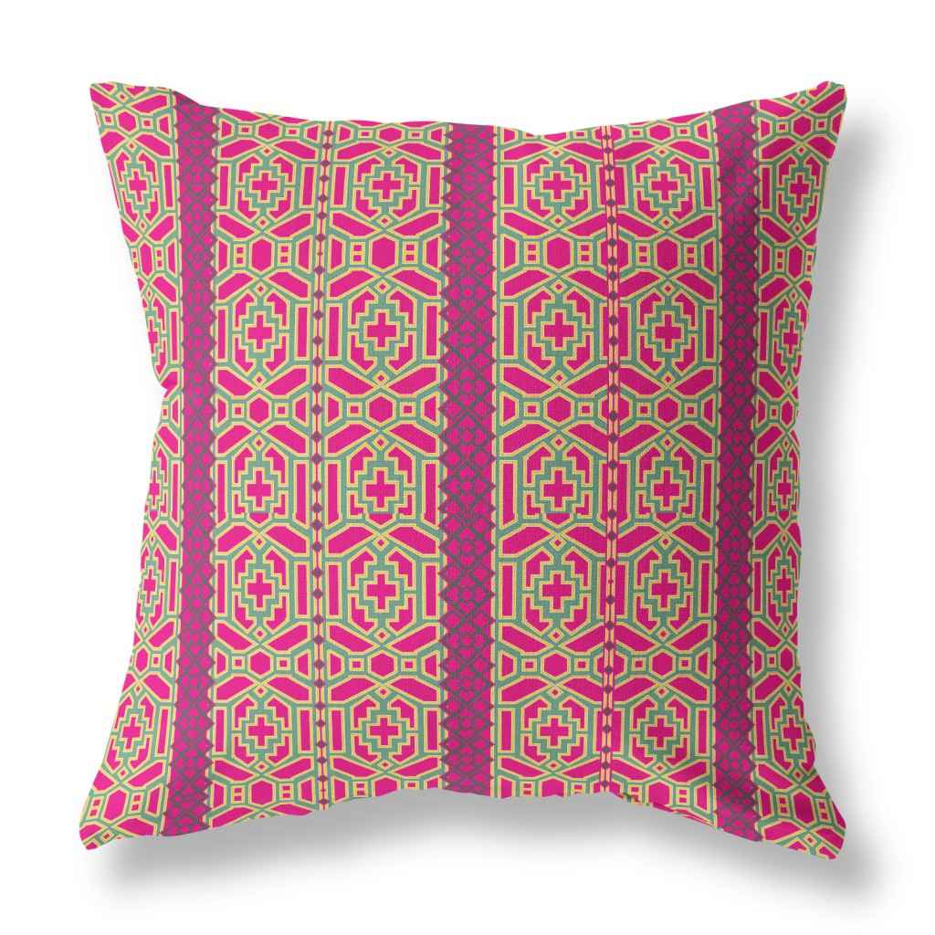 16" X 16" Pink And Green Geometric Blown Seam Suede Throw Pillow