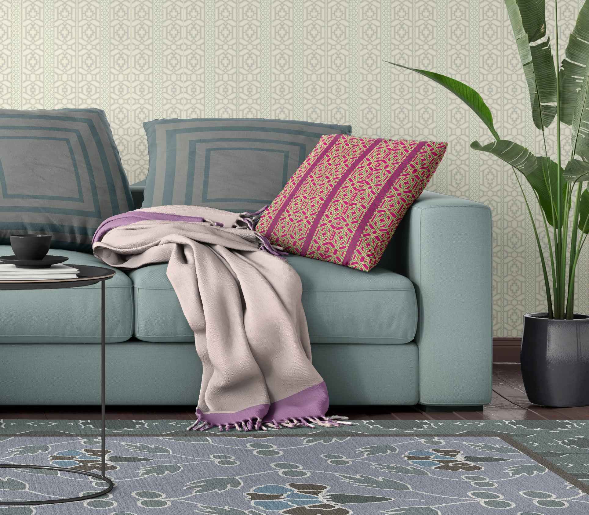 16" X 16" Pink And Green Geometric Blown Seam Suede Throw Pillow