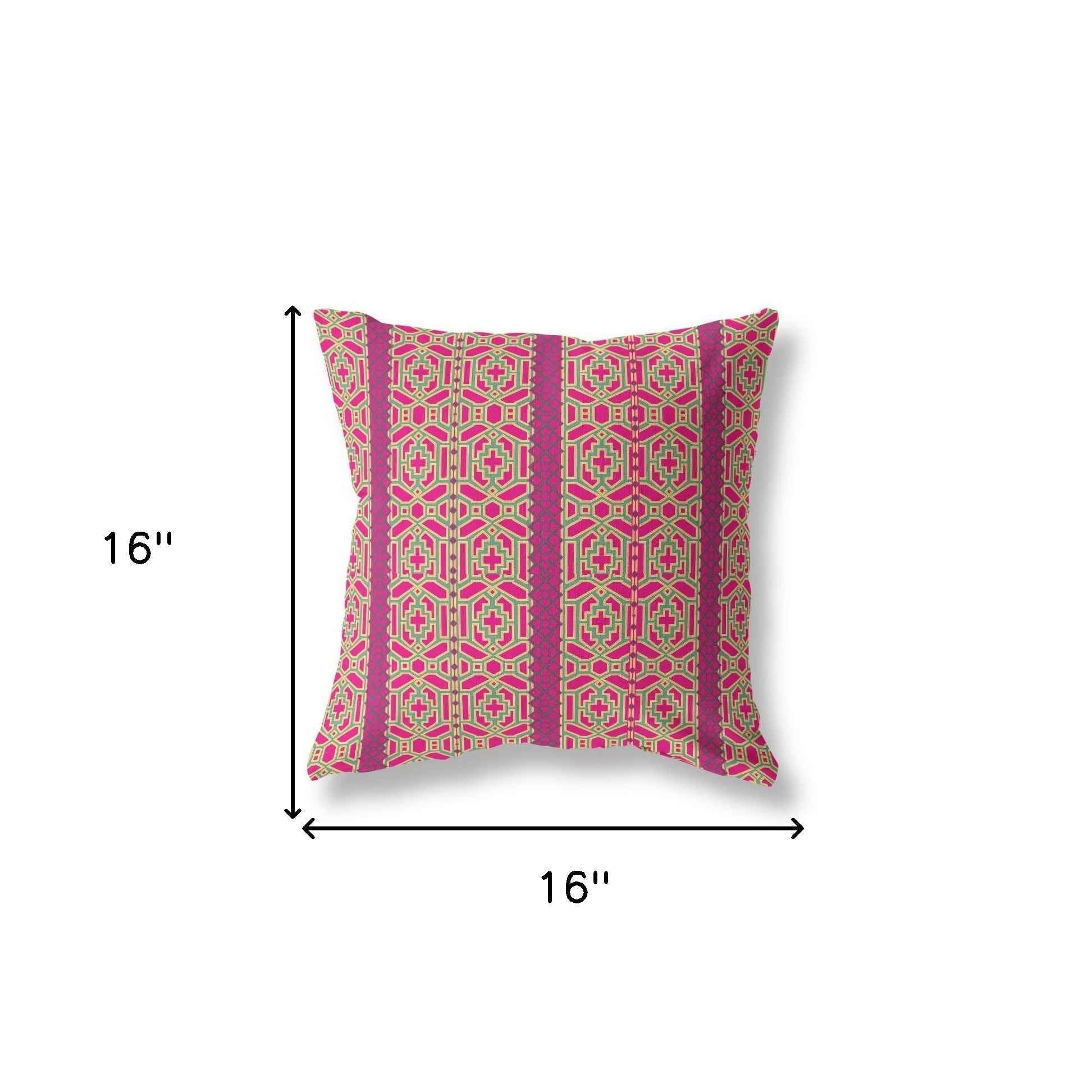 16" X 16" Pink And Green Geometric Blown Seam Suede Throw Pillow