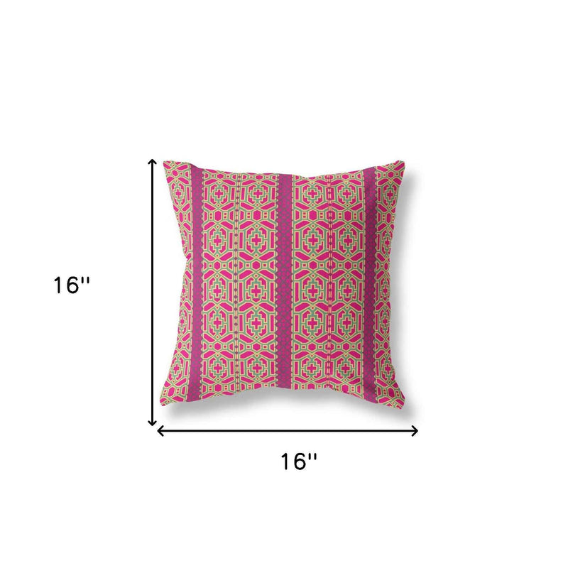 16" X 16" Pink And Green Geometric Blown Seam Suede Throw Pillow