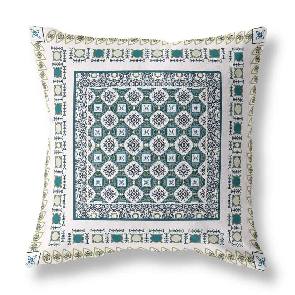 16" X 16" White And Green Floral Blown Seam Suede Throw Pillow
