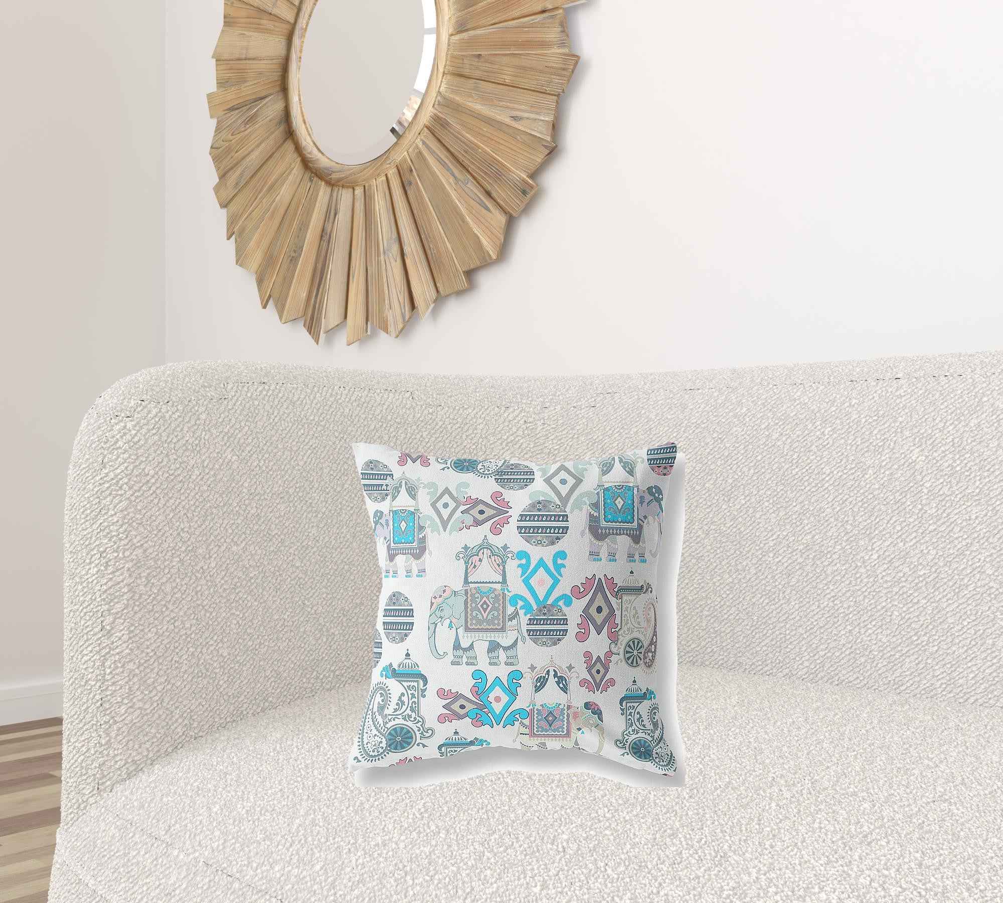 18" X 18" Beige And Blue Paisley Blown Seam Suede Throw Pillow