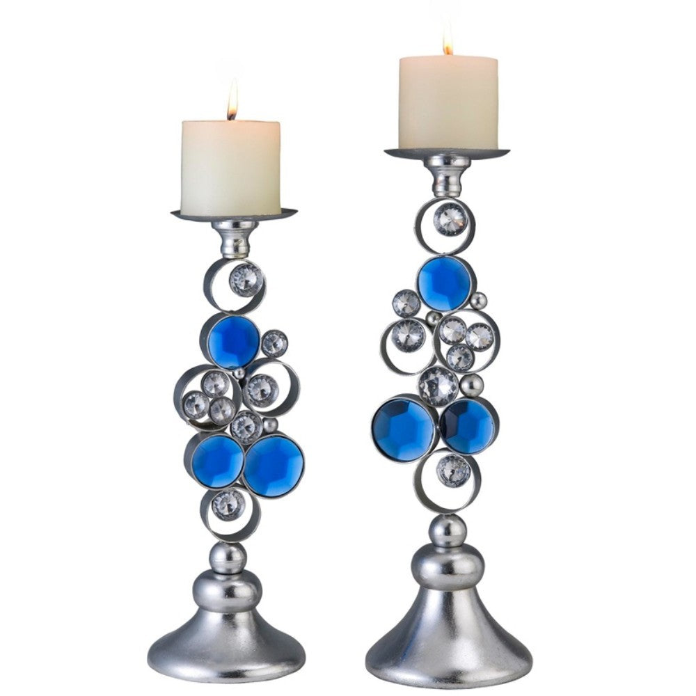 Set Of Two Silver and Blue Bling Tabletop Pillar Candle Holders - Home Decor