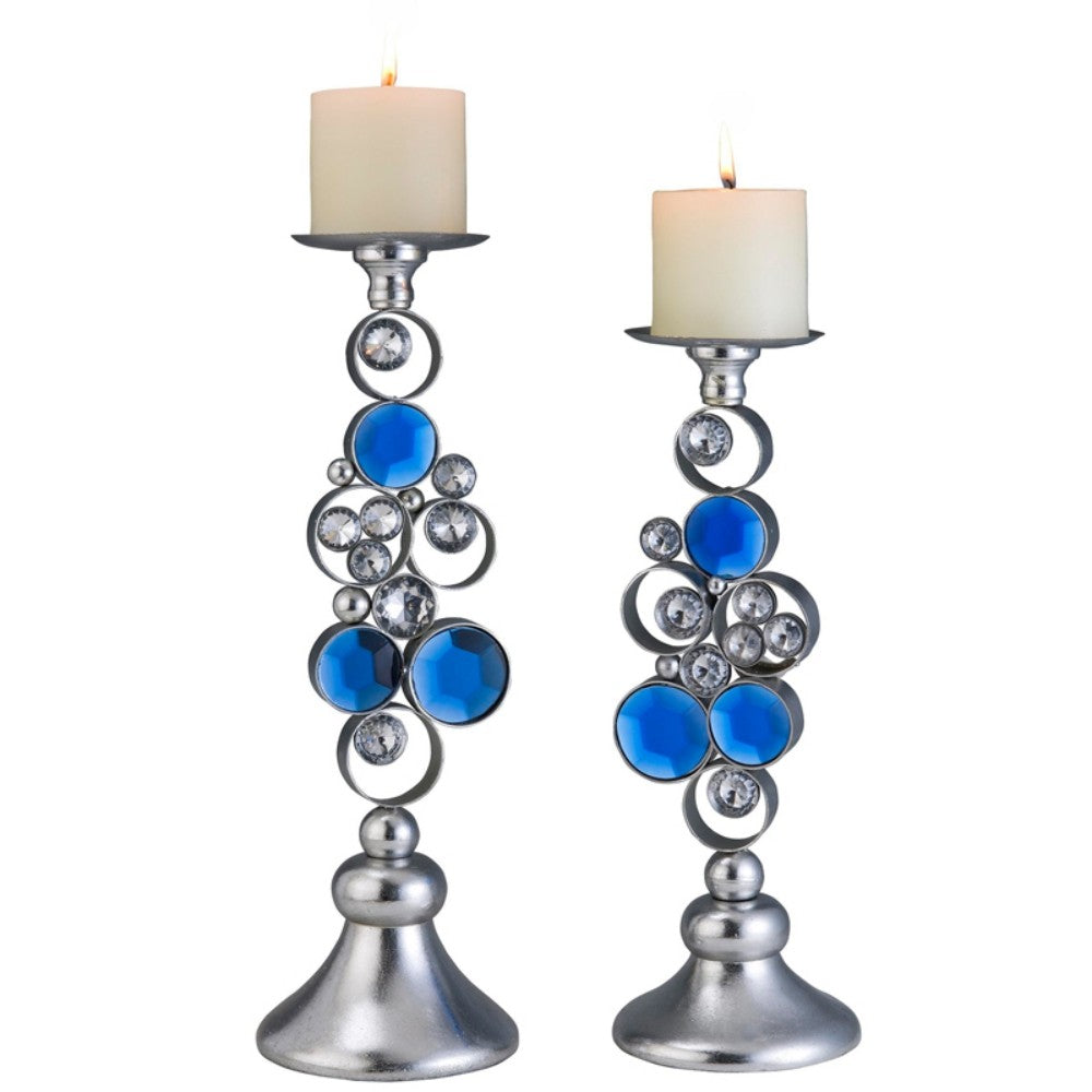 Set Of Two Silver and Blue Bling Tabletop Pillar Candle Holders - Home Decor