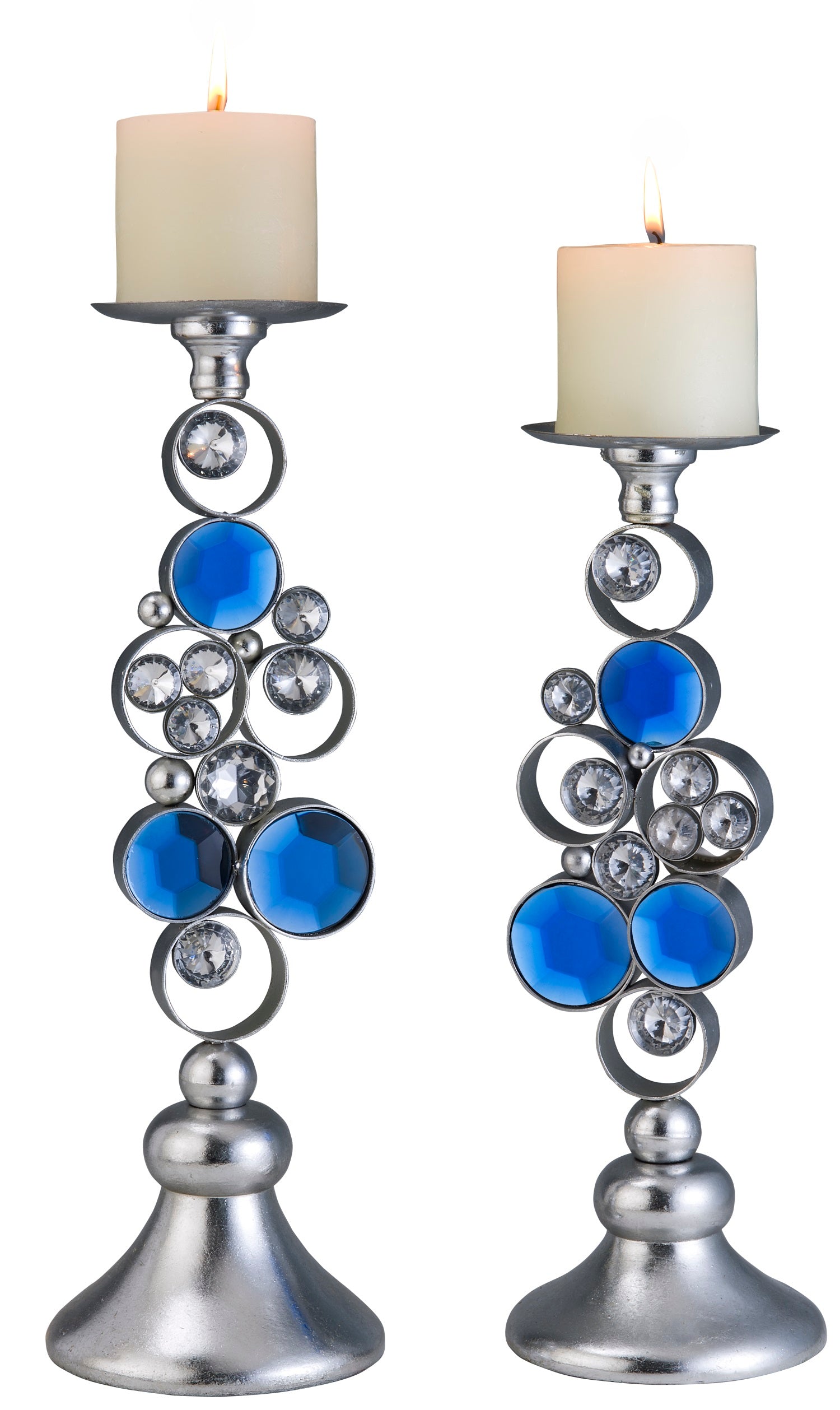 Set Of Two Silver and Blue Bling Tabletop Pillar Candle Holders - Home Decor