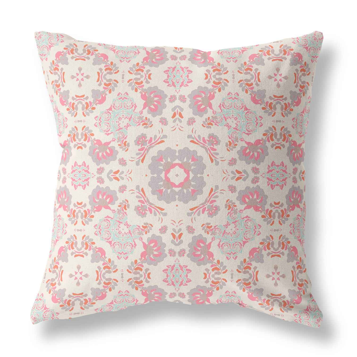 20" X 20" Pink And White Floral Blown Seam Suede Throw Pillow