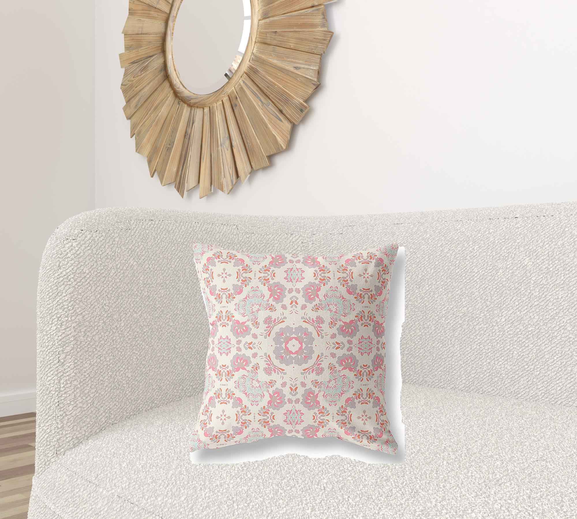 20" X 20" Pink And White Floral Blown Seam Suede Throw Pillow