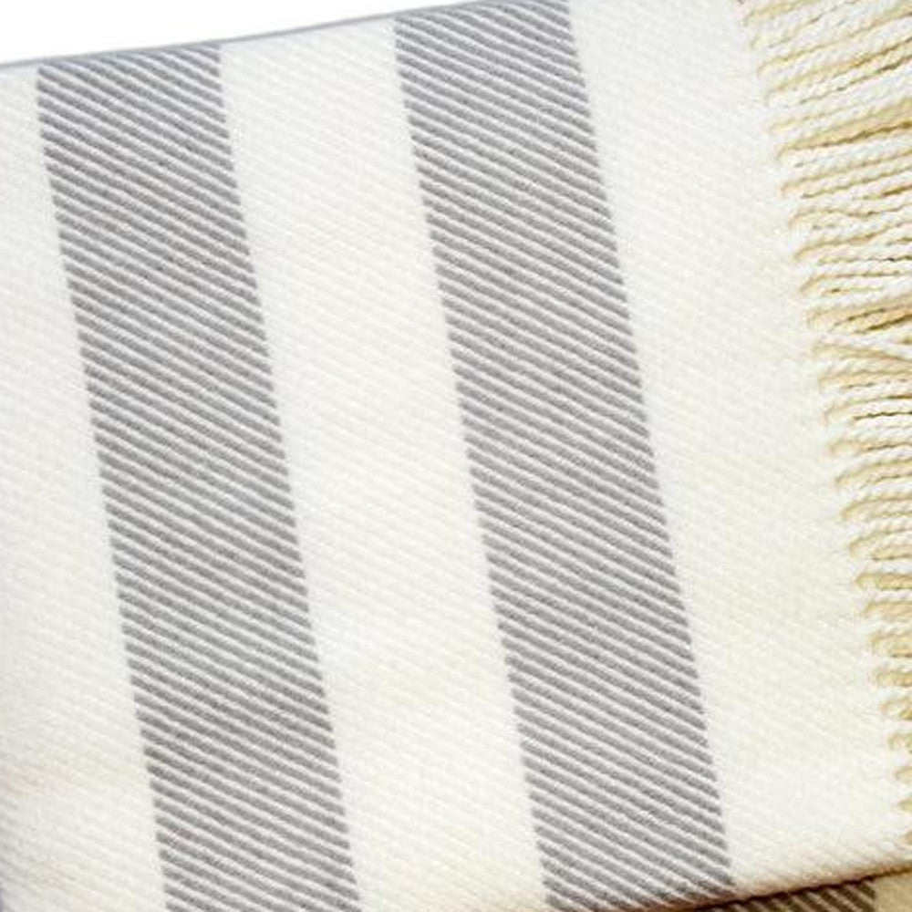 Cream and Gray Slanted Stripe Fringed Throw Blanket - Home Decor