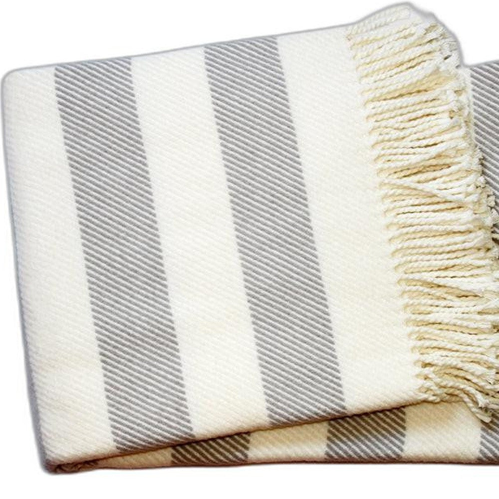 Cream and Gray Slanted Stripe Fringed Throw Blanket - Home Decor