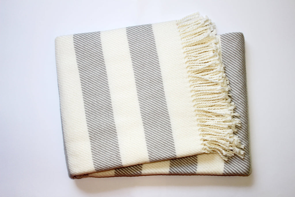Cream and Gray Slanted Stripe Fringed Throw Blanket - Home Decor