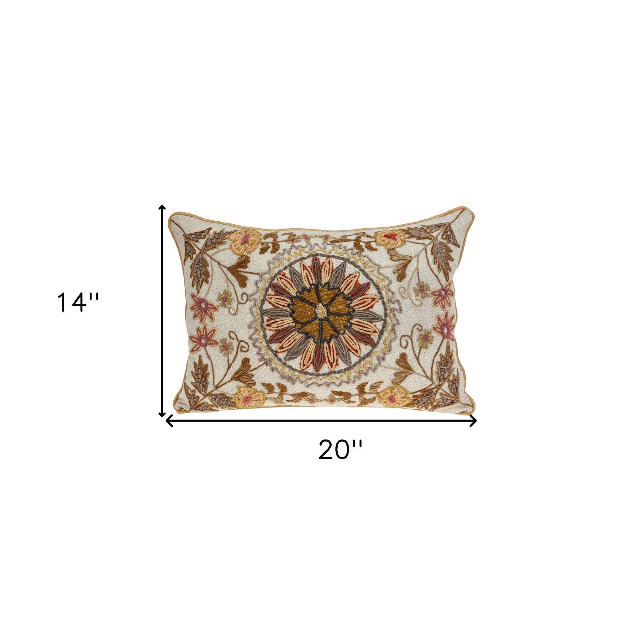 14" X 20" Beige Cotton Throw Pillow With Embroidery - Home & Garden