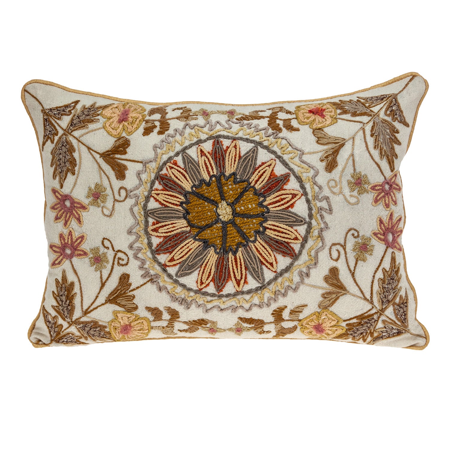 14" X 20" Beige Cotton Throw Pillow With Embroidery - Home & Garden