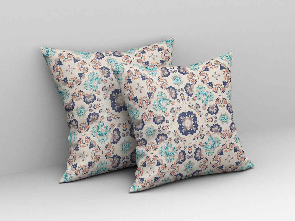 18" X 18" Off White And Blue Floral Blown Seam Suede Throw Pillow