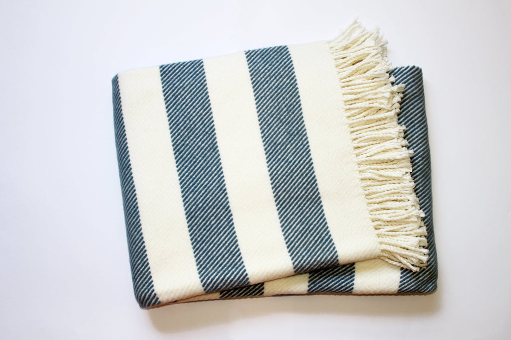 Cream and Slate Slanted Stripe Fringed Throw Blanket - Home Decor