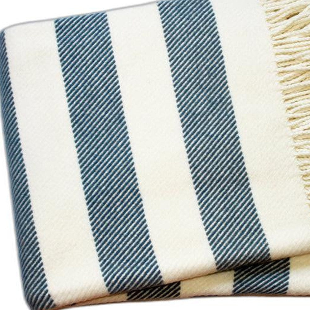 Cream and Slate Slanted Stripe Fringed Throw Blanket - Home Decor