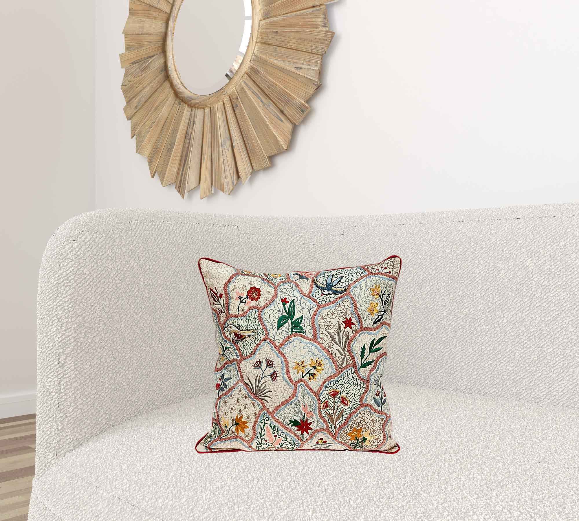 18" X 18" Beige And Red Zippered 100% Cotton Throw Pillow With Embroidery