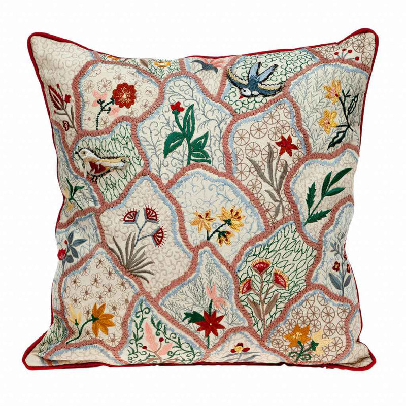 18" X 18" Beige And Red Zippered 100% Cotton Throw Pillow With Embroidery