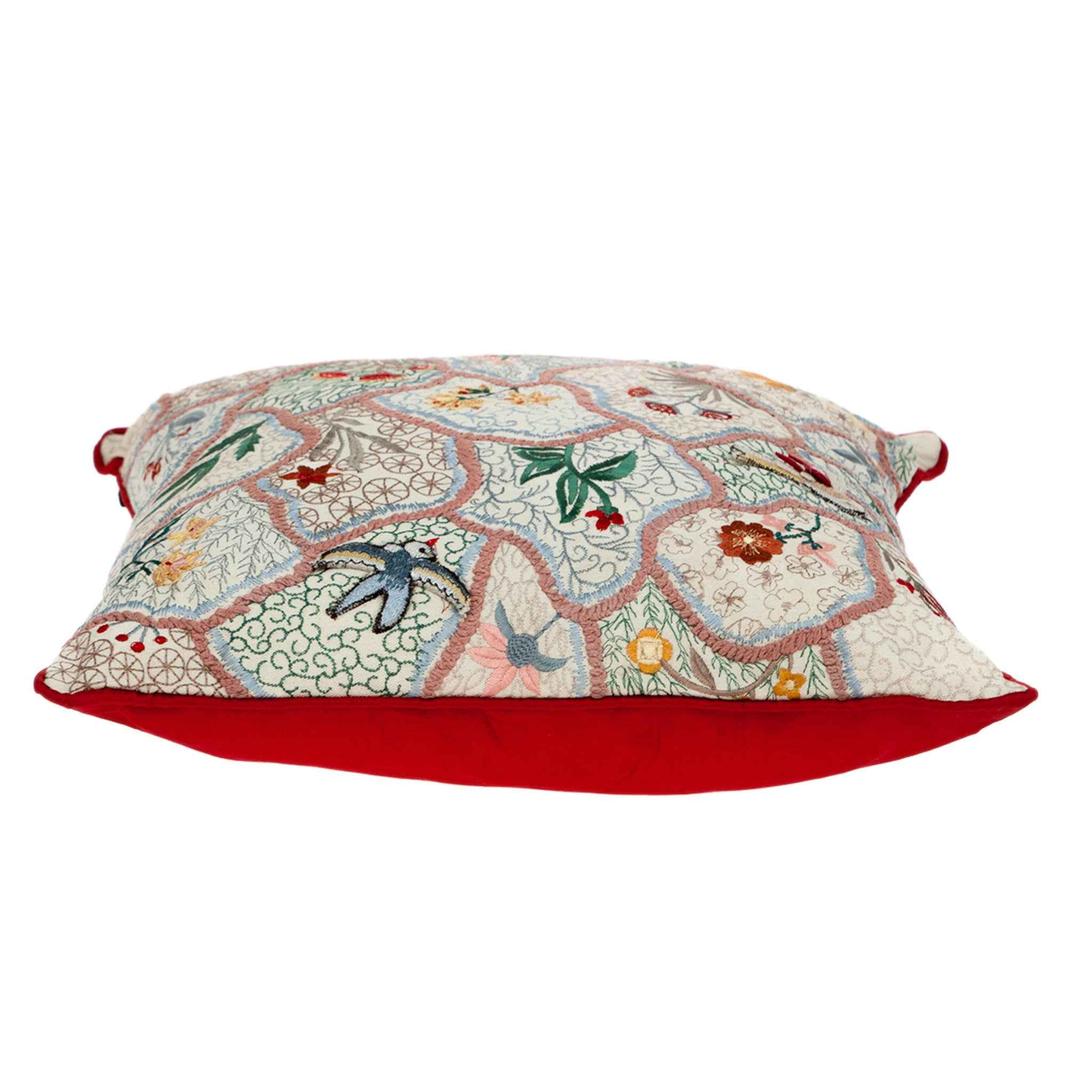 18" X 18" Beige And Red Zippered 100% Cotton Throw Pillow With Embroidery