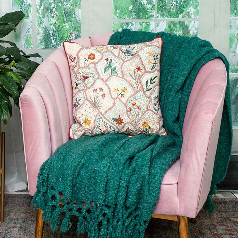 18" X 18" Beige And Red Zippered 100% Cotton Throw Pillow With Embroidery