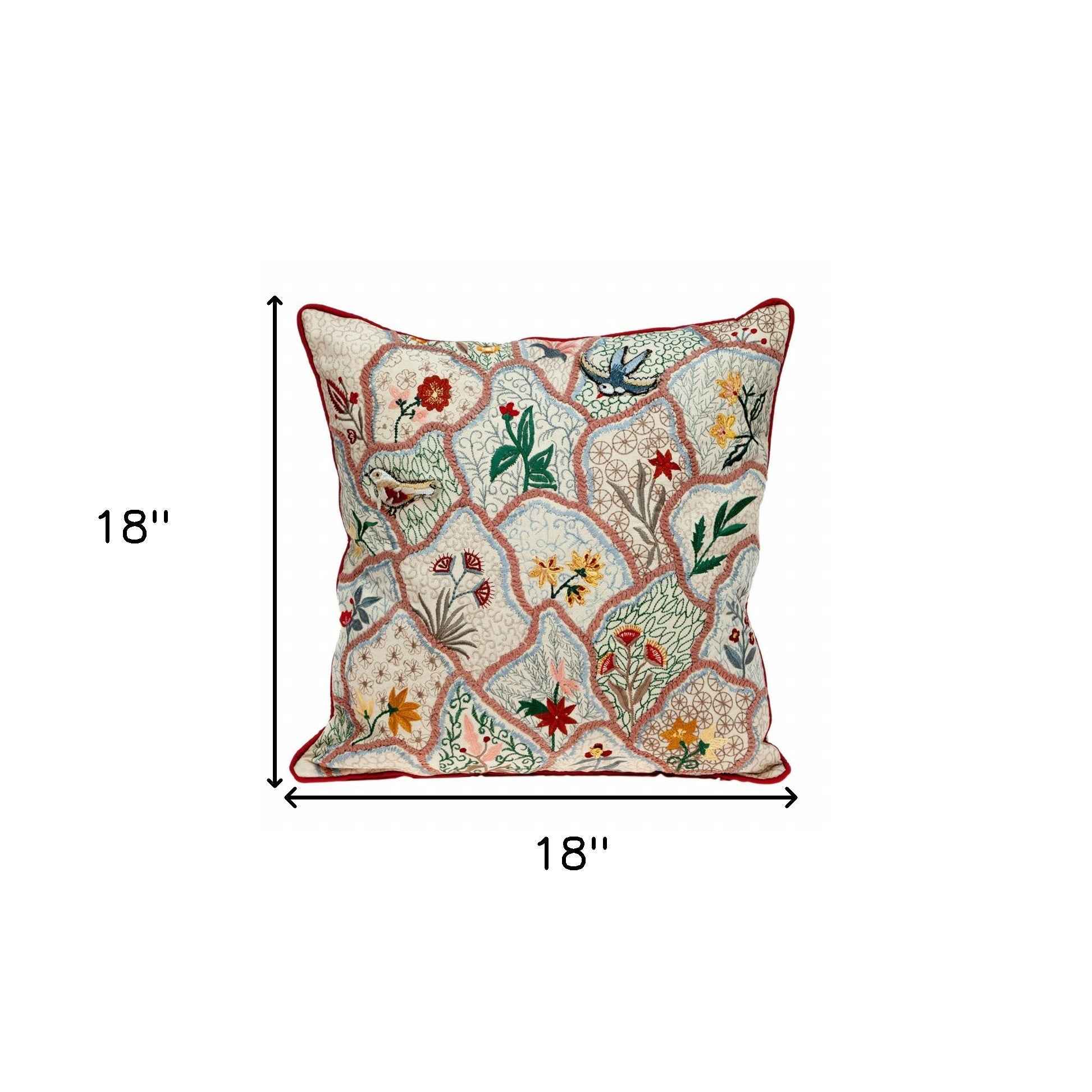 18" X 18" Beige And Red Zippered 100% Cotton Throw Pillow With Embroidery