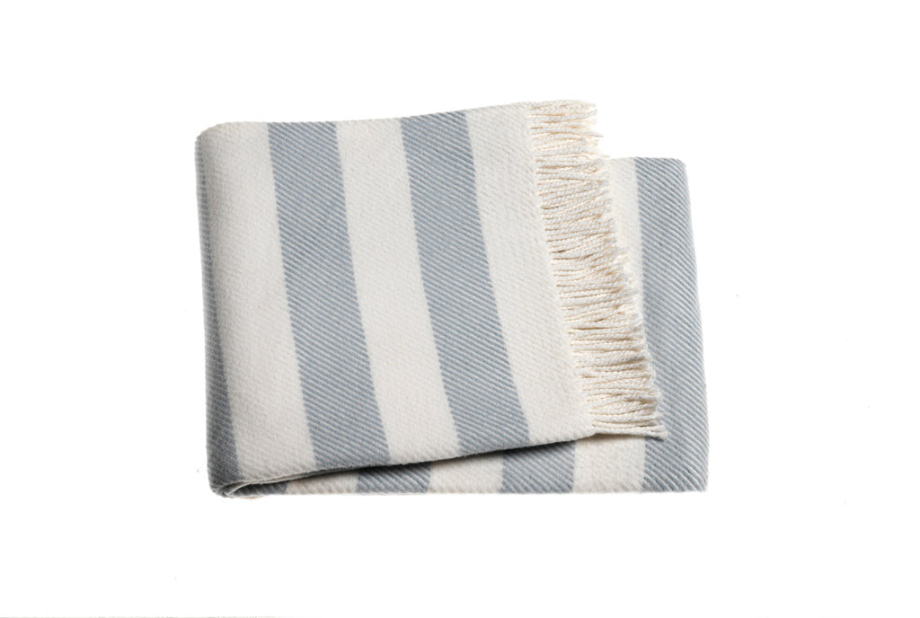 Cream and Sky Blue Slanted Stripe Fringed Throw Blanket - Home Decor