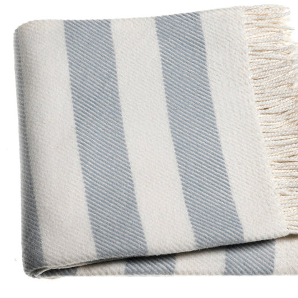 Cream and Sky Blue Slanted Stripe Fringed Throw Blanket - Home Decor