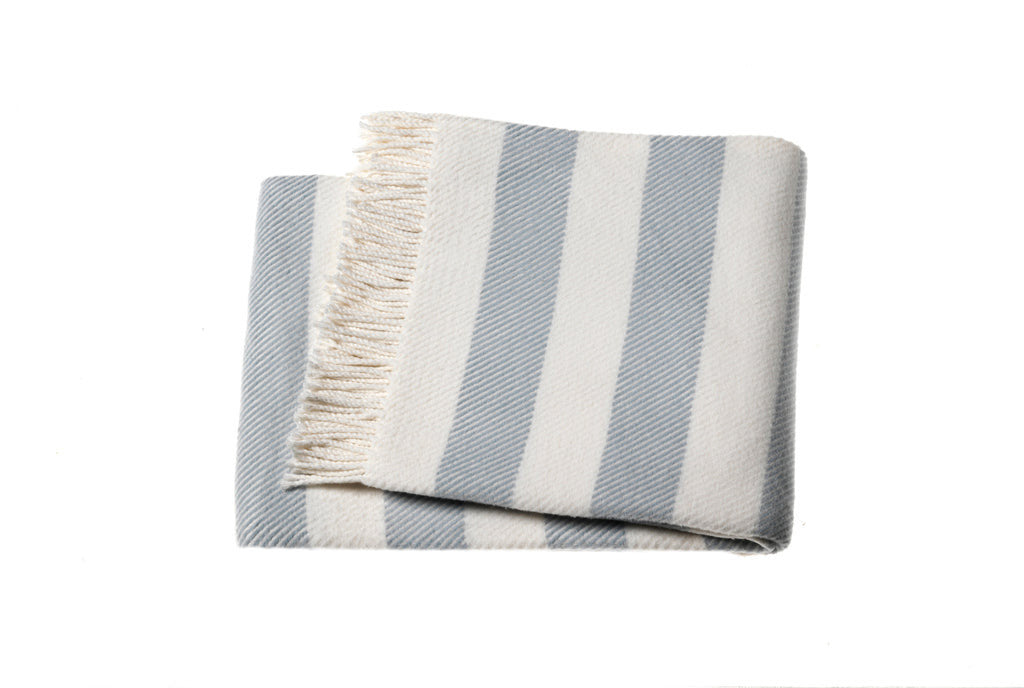 Cream and Sky Blue Slanted Stripe Fringed Throw Blanket - Home Decor