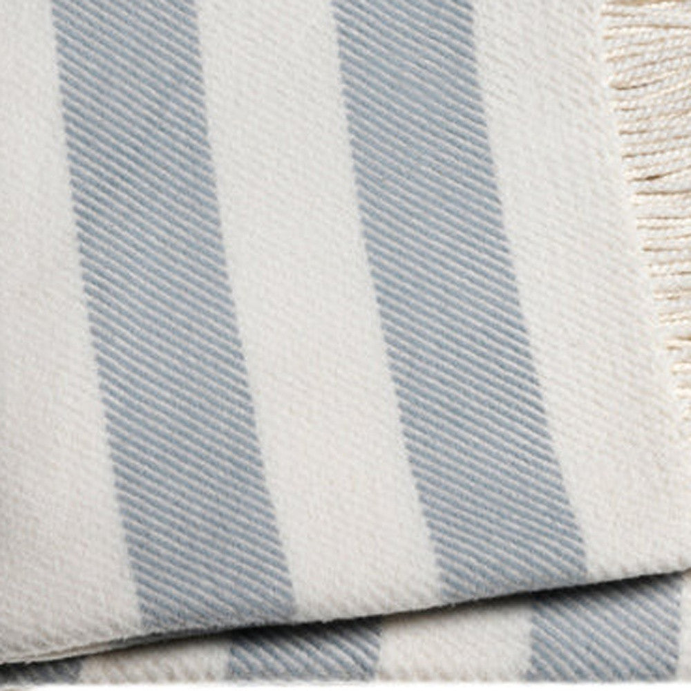 Cream and Sky Blue Slanted Stripe Fringed Throw Blanket - Home Decor