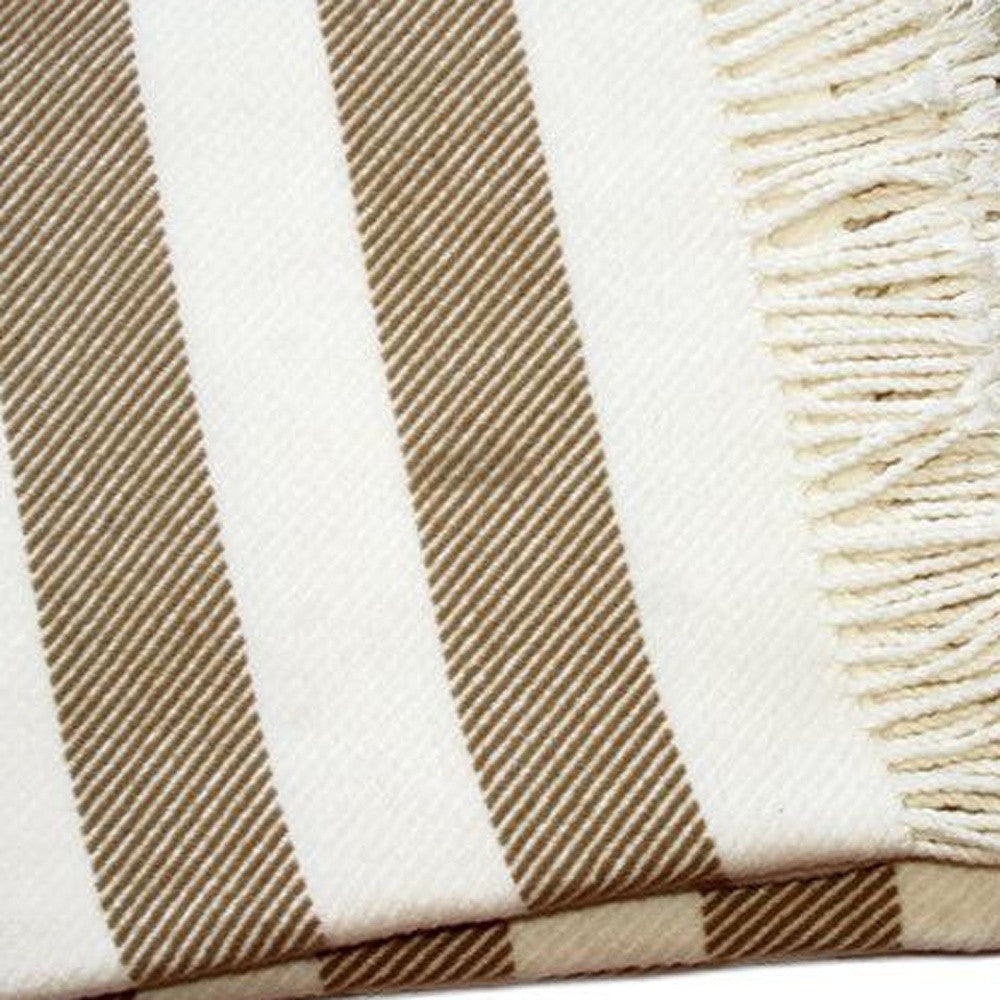 Cream and Stone Slanted Stripe Fringed Throw Blanket - Home Decor