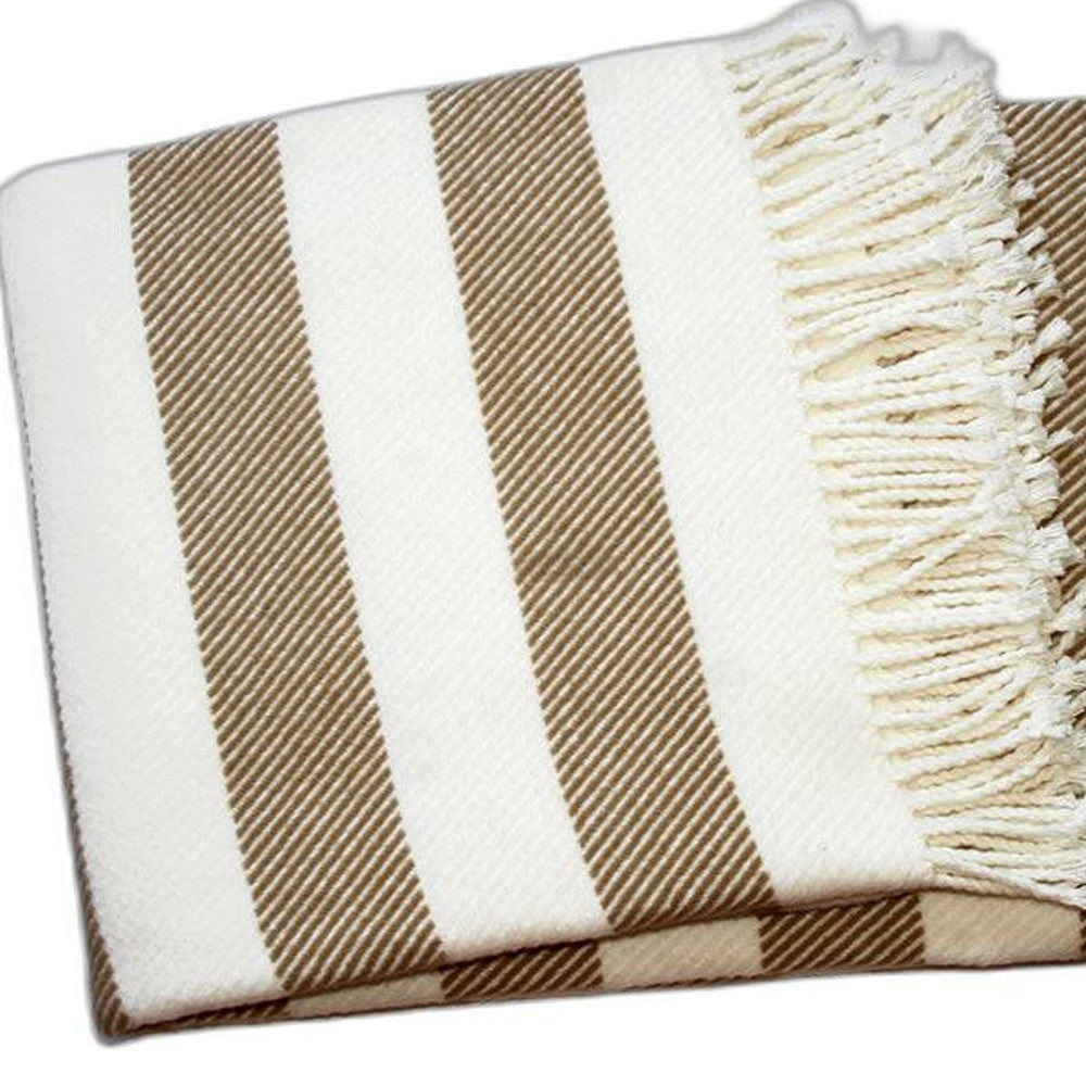 Cream and Stone Slanted Stripe Fringed Throw Blanket - Home Decor